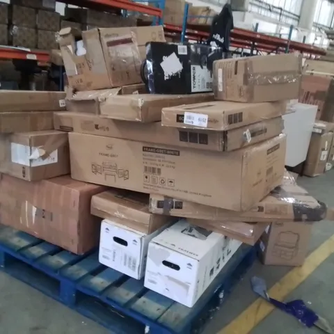 PALLET OF ASSORTED HOUSEHOLD GOODS AND PRODUCTS TO INCLUDE;SLOW COOKER,SAMSUNG CLEANING STATION,WHEEL BARROW,DEEP FRYER,MICROWAVE OVEN,SHOE RACK