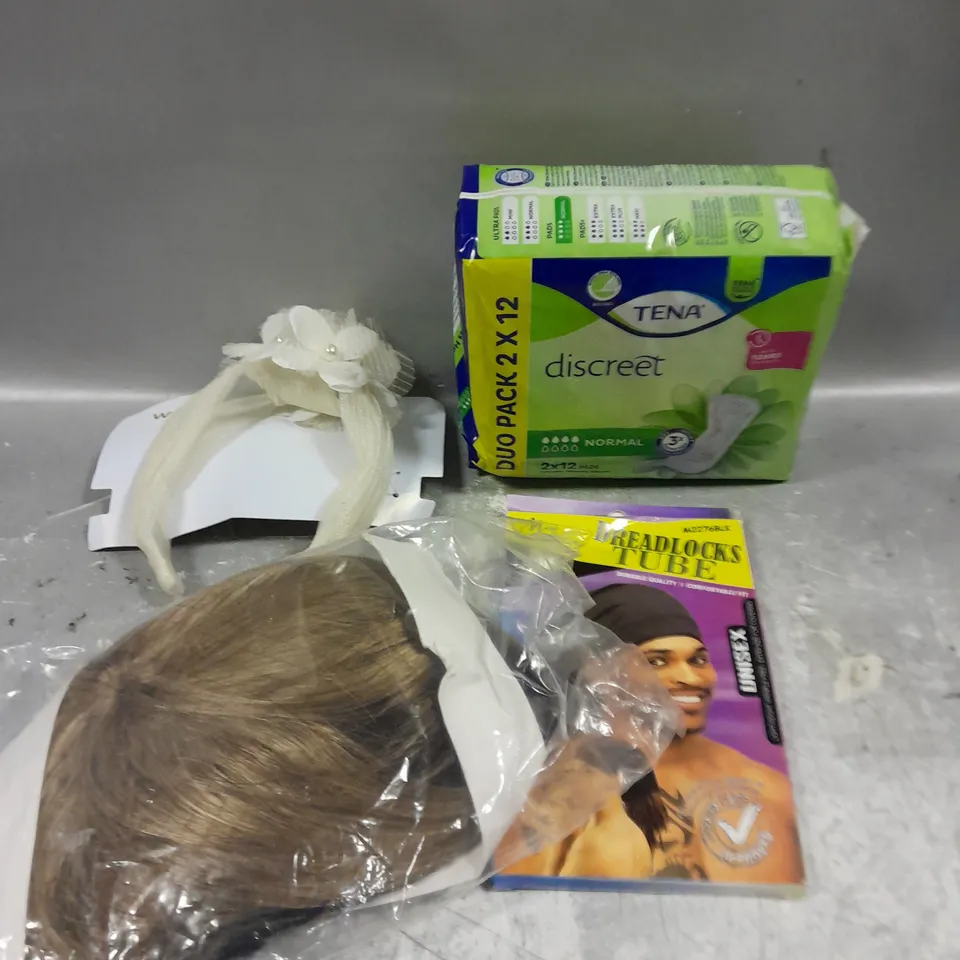 APPROXIMATELY 7 ASSORTED HEALTH & BEAUTY PRODUCTS TO INCLUDE DREADLOCKS TUBE, HEAD BAND, TENA PADS ETC 