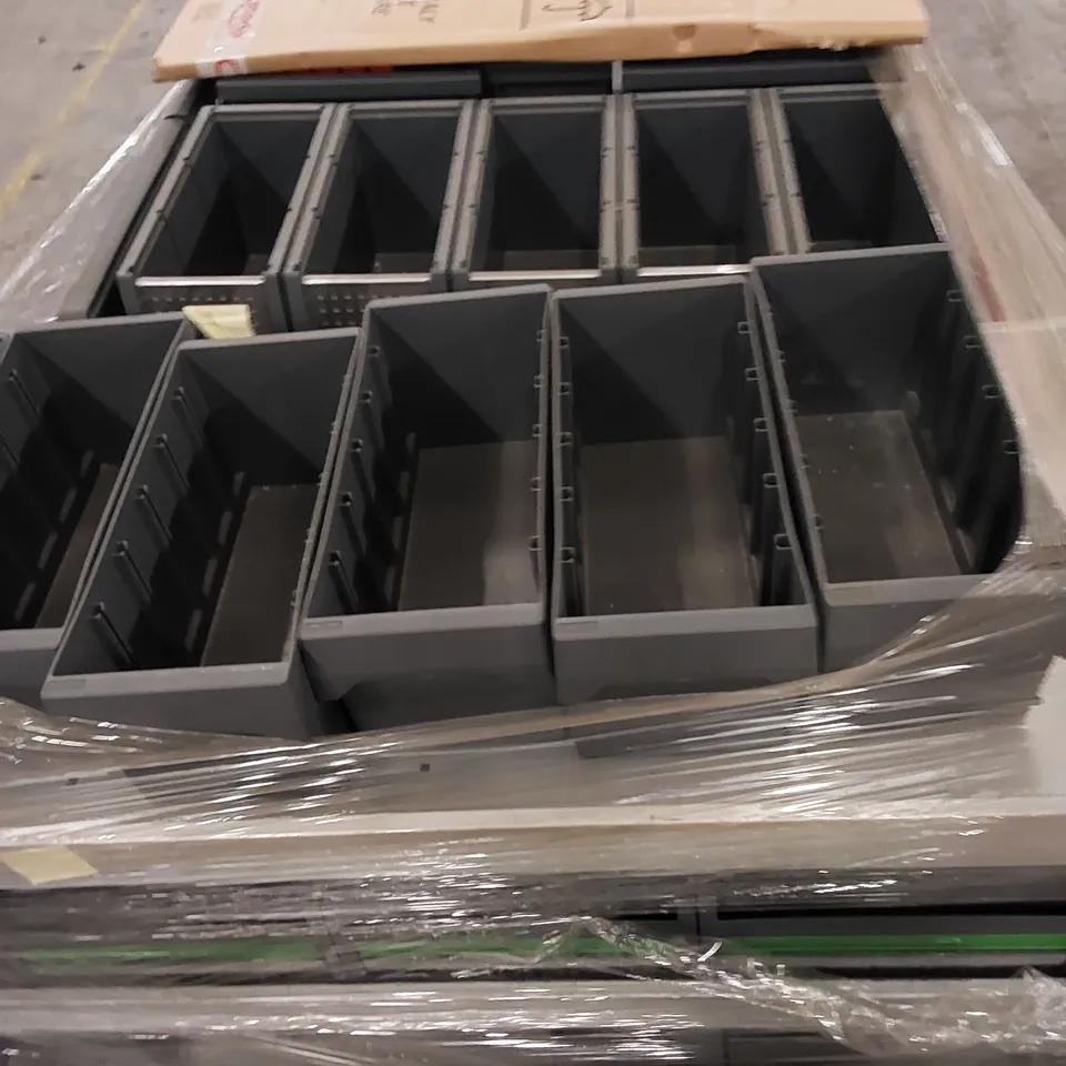 PALLET TO CONTAIN 3 X METAL WORK STORAGE RACKING WITH TUBS