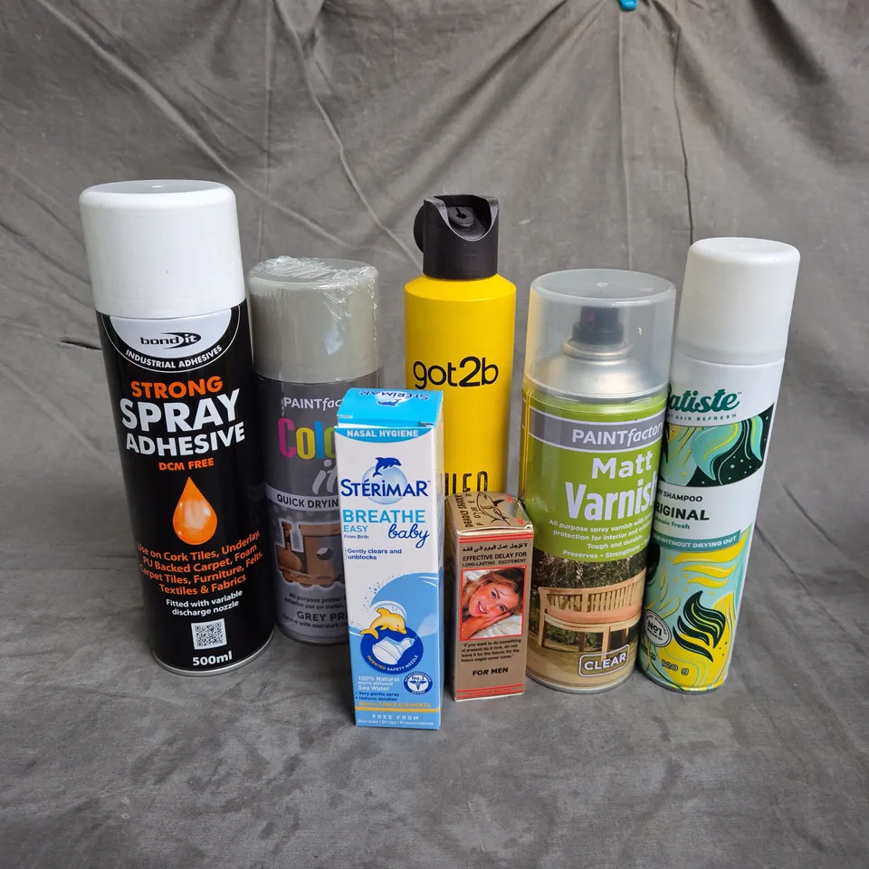 APPROXIMATELY 12 ASSORTED AEROSOLS TO INCLUDE - GO2B GLUED HAIRSPRAY - BOND IT SPRAY ADHESIVE - PAINT FACTORY MATT VARNISH - ETC - COLLECTION ONLY