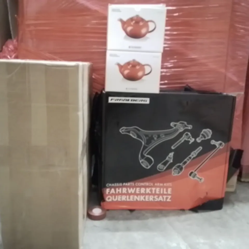 PALLET OF ASSORTED HOUSEHOLD GOODS AND PRODUCTS TO INCLUDE;TEA POTS,CHASSIS PARTS CONTROL ARM KITS,FRANKBERG SUSPENSION
