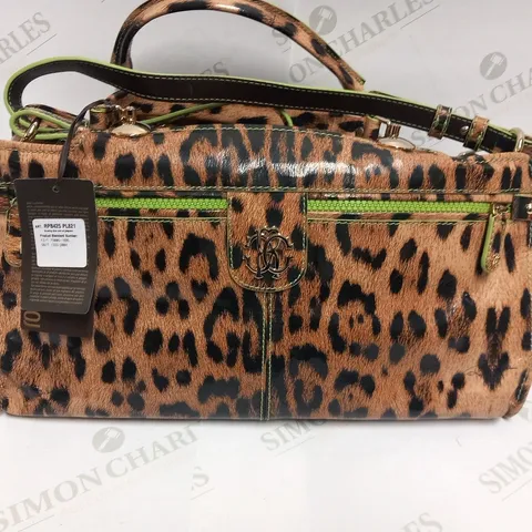 ROBERTO CAVALLI LEOPARD AND FLURO LIME BOWLING DIVA BAG