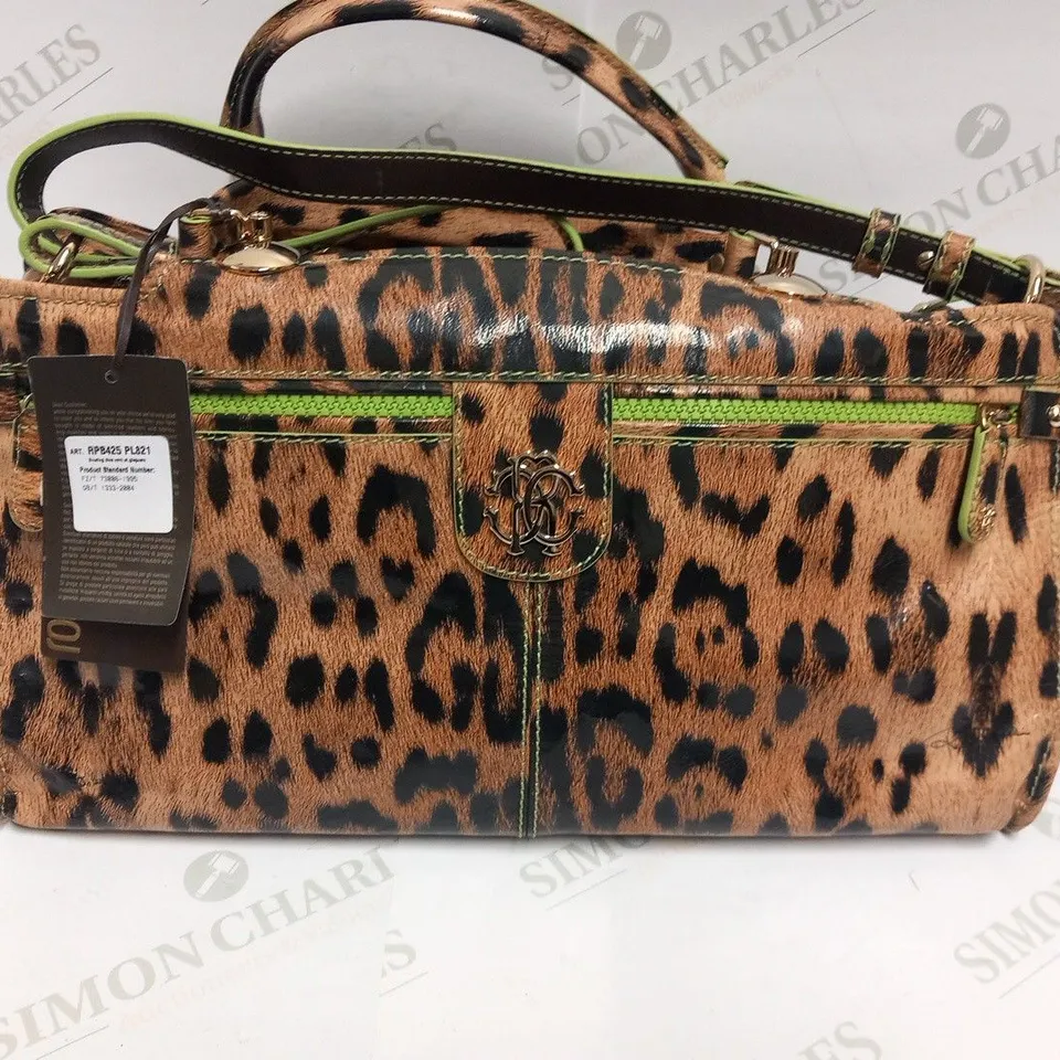 ROBERTO CAVALLI LEOPARD AND FLURO LIME BOWLING DIVA BAG