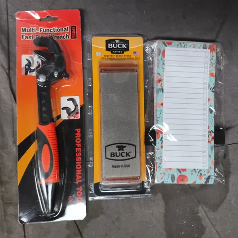 APPROXIMATELY 10 ASSORTED HOUSEHOLD ITEMS TO INCLUDE PIPE WRENCH, DIAMOND COATED SHARPENER, ETC