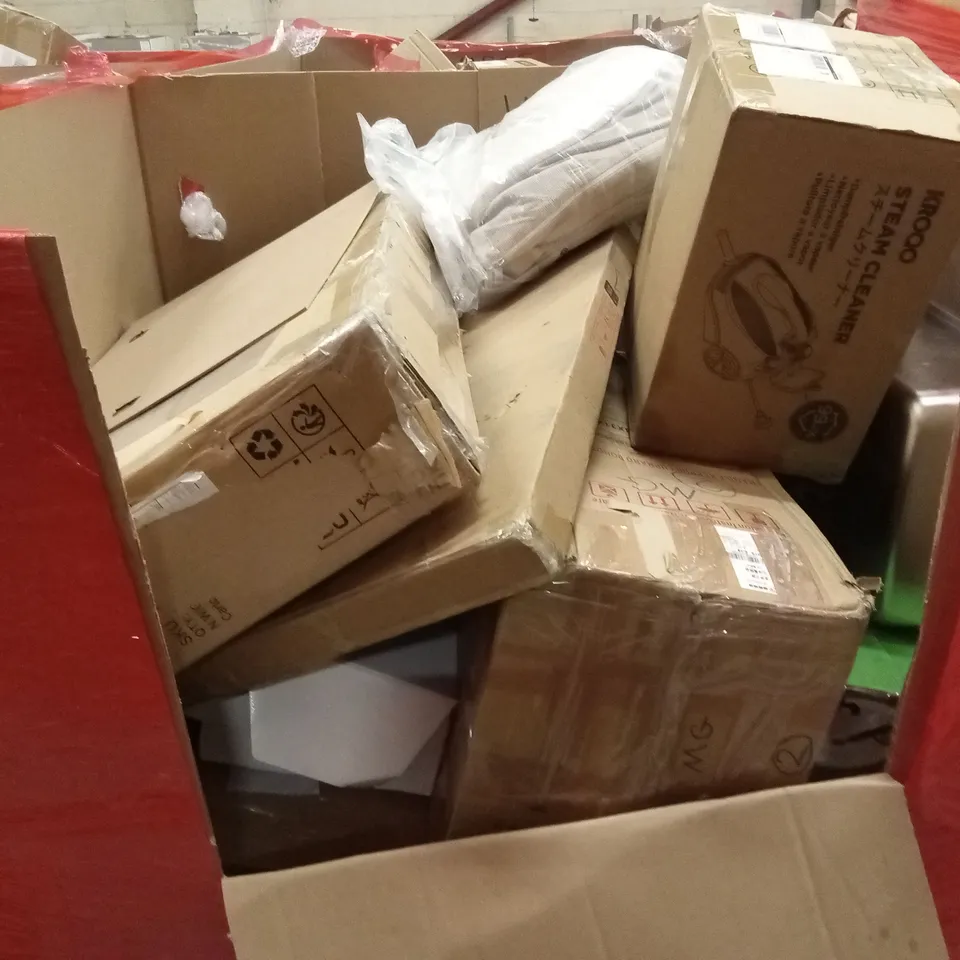 PALLET OF ASSORTED HOUSEHOLD GOODS AND PRODUCTS TO INCLUDE; STEAM CLEANERS, BOXED FURNITURE ETC
