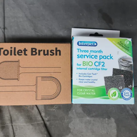 APPROXIMATELY 10 ASSORTED HOUSEHOLD ITEMS TO INCLUDE TOILET BRUSH, THREE MONTH SERVICE PACK FOR BIO CF2 INTERNAL CARTRIDGE FILTER, ETC