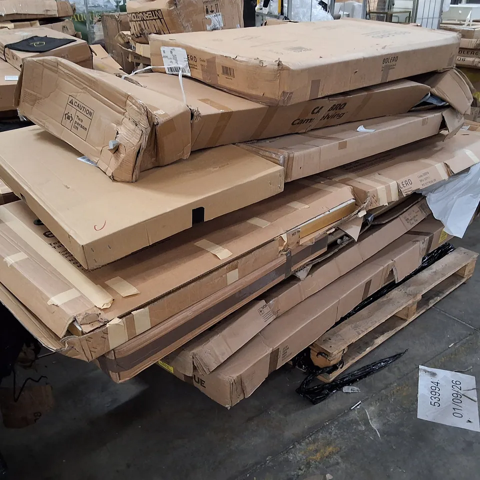 PALLET CONTAINING ASSORTED NISBITS PRODUCTS & PARTS INCLUDING DINING TABLE & SHELVING RACK