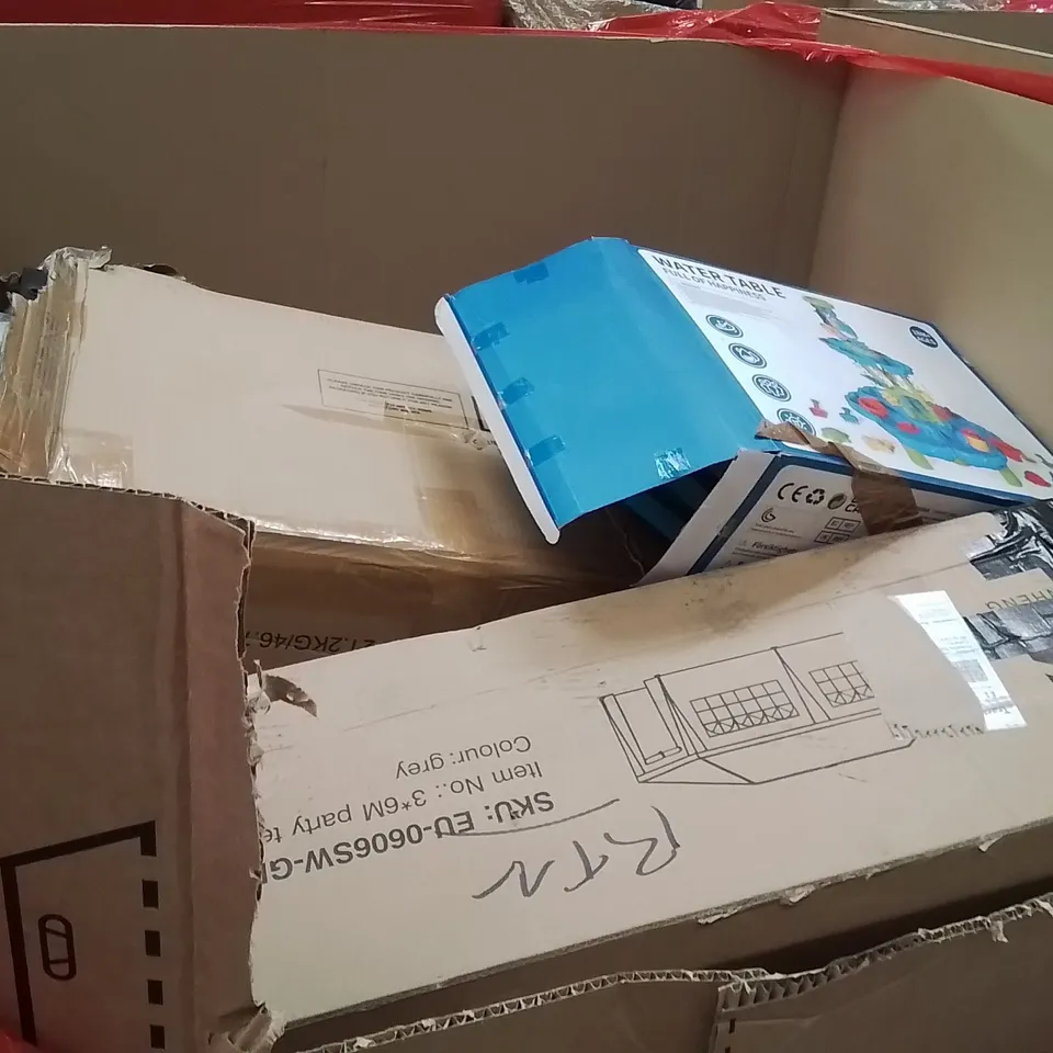 PALLET OF ASSORTED HOUSEHOLD GOODS AND PRODUCTS TO INCLUDE;WATER TABLE,CANOPY,FOLDING BED