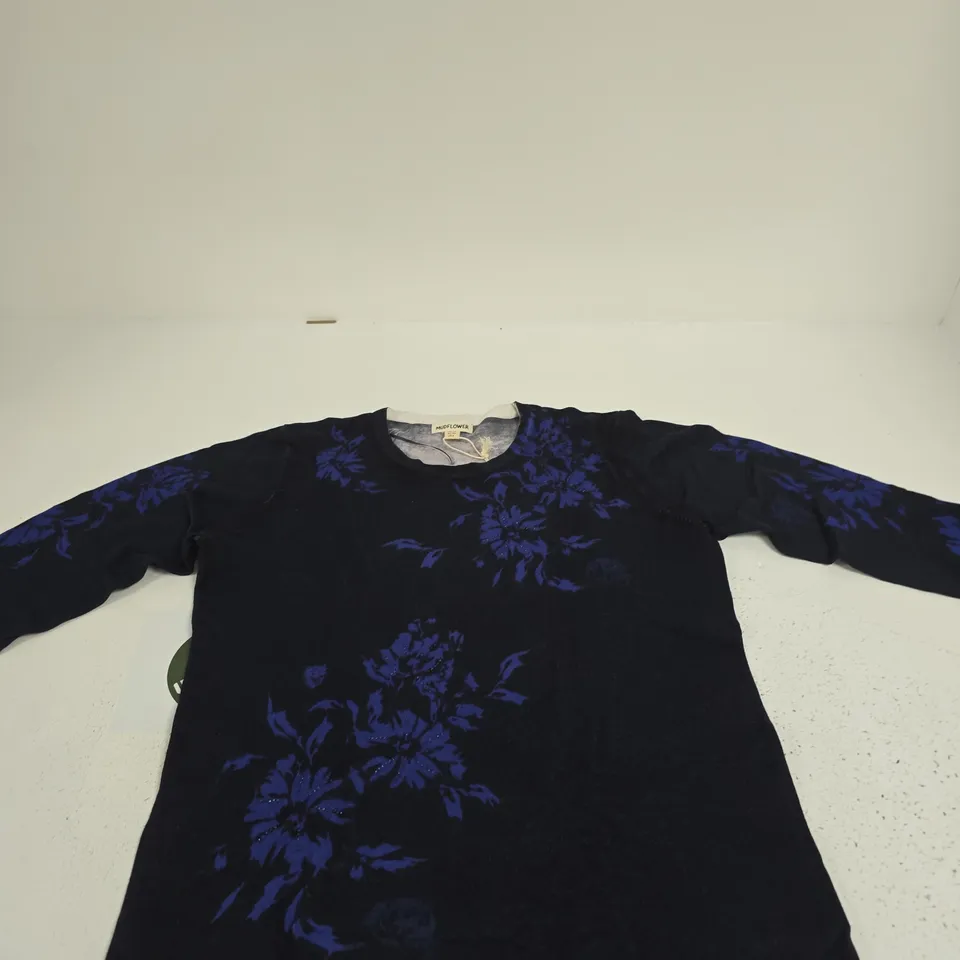 MUDFLOWER WOMEN’S TOP – UK 12 (EU 40, US 8) BLACK WITH PURPLE FLORAL PRINT