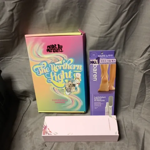 APPROXIMATELY 6 HEALTH AND BEAUTY ITEMS INCLUDING MADE BY MITCHELL HAND HELD MIRROR, CORDLESS HAIR STRAIGHTENER AND BAREN FOOT EXFOLIANT SOFTENER KIT