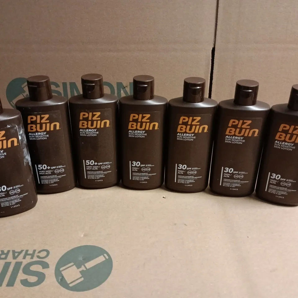 LOT OF 7 BOTTLES OF PIZ BUIN ALLERGY SUN SENSITVE SKIN LOTION SPF 30 AND 50 200ML PER BOTTLE