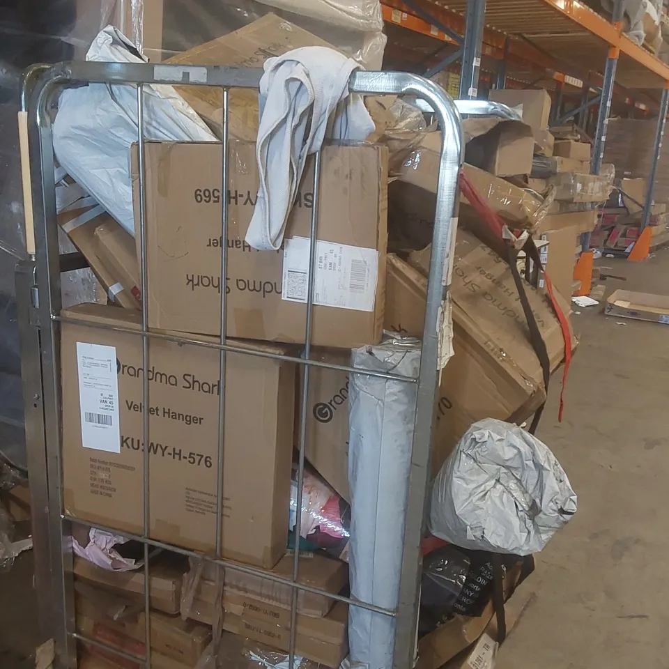 CAGE CONTAINING A LARGE QUANTITY OF ASSORTED ITEMS INCLUDING: HOSE PIPE, VELVET HANGERS, FLOATING SHELF ECT - CAGE NOT INCLUDED