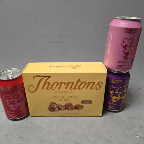 APPROXIMATELY 7 ASSORTED FOOD & DRINK ITEMS TO INCLUDE - THORNTONS SPECIAL TOFFEE , MY OM , XOXO SPARKLING WATERMELON