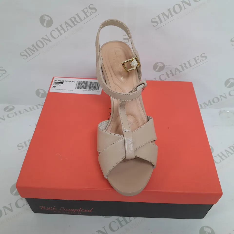 BOXED PAIR OF RUTH LANGSFORD HEELED SANDALS IN MATTE ALMOND SIZE 6