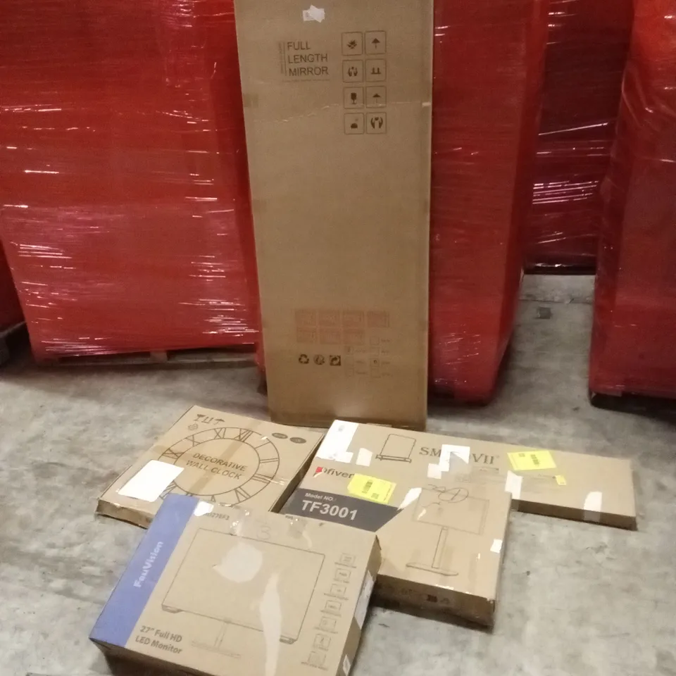 PALLET OF ASSORTED HOUSEHOLD GOODS AND PRODUCTS TO INCLUDE; WALL CLOCK, FURNITURE, MONITOR STAND, COMPUTER MONITOR ETC