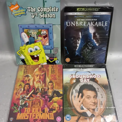 APPROXIMATELY 10 ASSORTED MEDIA PRODUCTS TO INCLUDE GROUNDHOG DAY, UNBREAKABLE, SPONGEBOB ETC