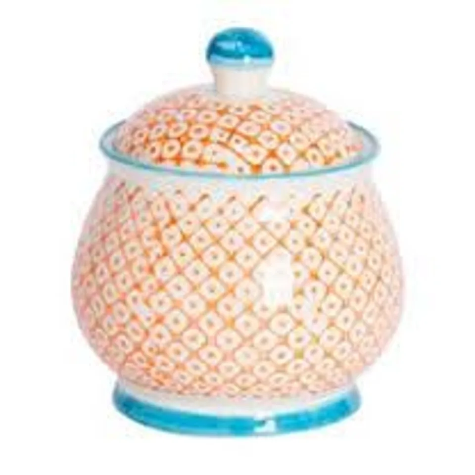 BOXED HAND PRINTED STONEWARE SUGAR BOWL