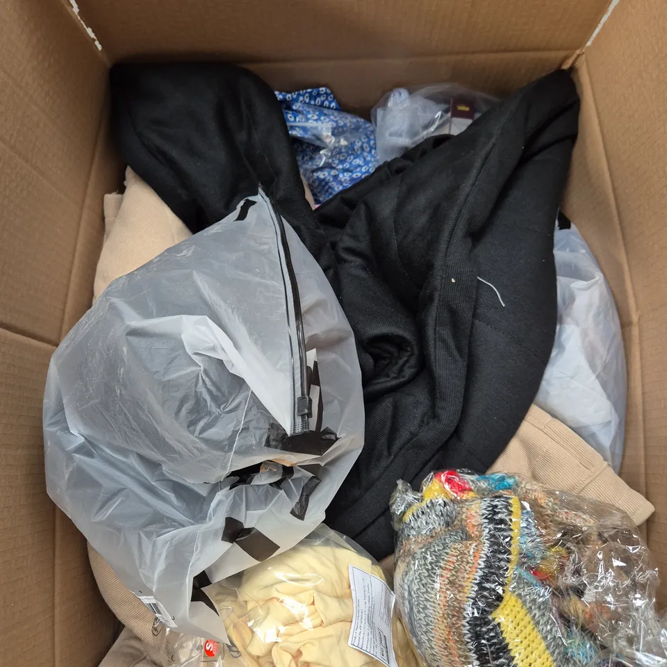 LARGE BOX OF ASSORTED CLOTHING ITEMS IN VARIOUS SIZES, STYLES AND COLOUR 