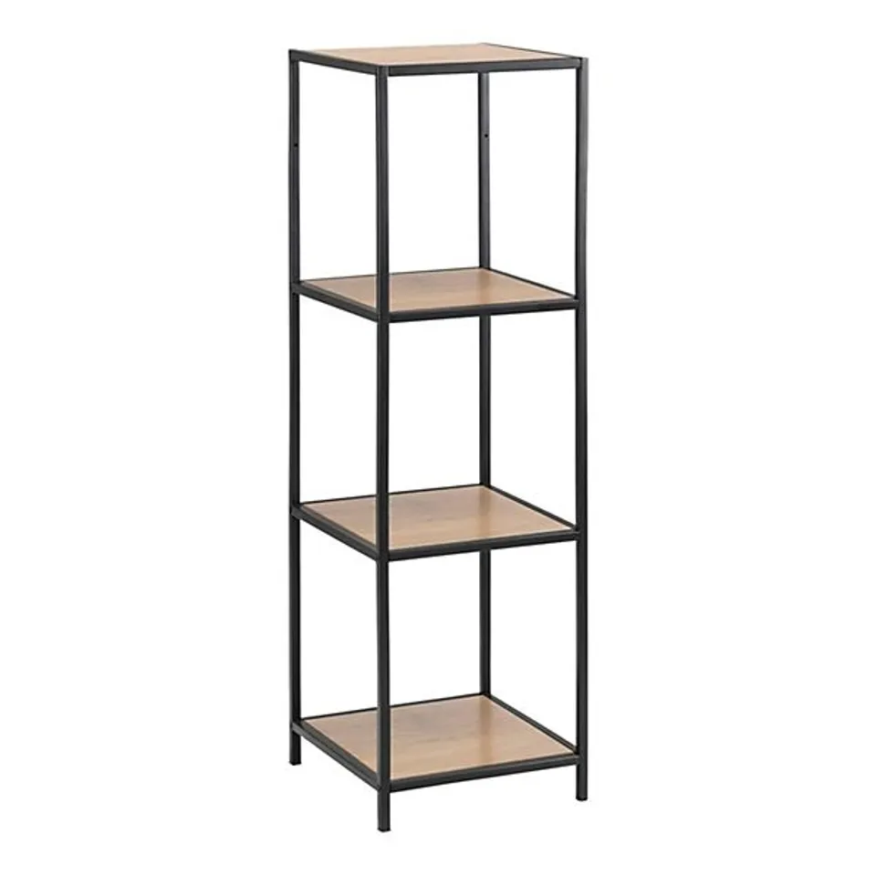 BOXED SEAFORD NARROW BLACK METAL BOOKCASE WITH 3 OAK SHELVES