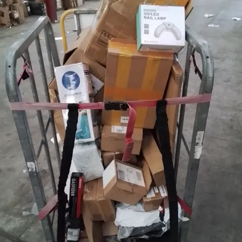 CAGE CONTAINING LARGE QUANTITY OF ASSORTED BOXED HOUSEHOLD PRODUCTS INCLUDING: LED NAIL LAMP, WATERFALL FOUNTAIN, LIFT SUPPORT GASFEDER,  LOTS OF LITHIUM-ION BATTERIES, HANDHELD FANS ETC.  