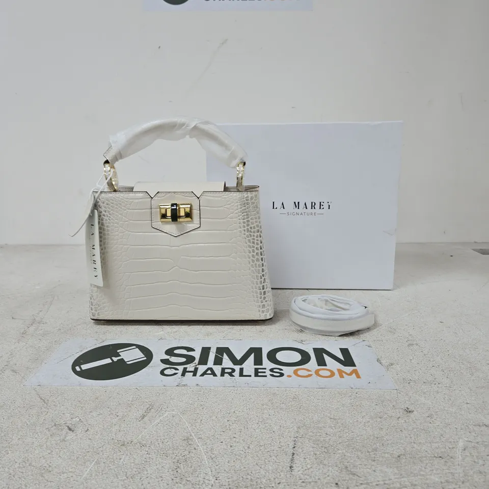 LA MAREY SIGNATURE WHITE CROCODILE-EFFECT HANDBAG WITH GOLD HARDWARE