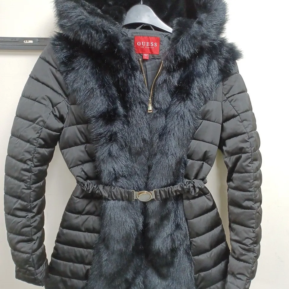GUESS TWO TEXTURE BLACK PADDED COAT IN BLACK - L