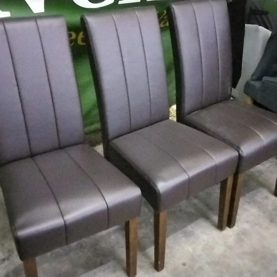 SET OF 3 CHOCOLATE BROWN LEATHER DINING CHAIRS WITH WOODEN LEGS