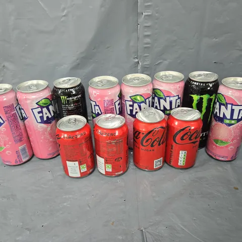 APPROXIMATELY 10 ASSORTED DRINK ITEMS TO INCLUDE - FANTA, MONSTER, AND COCA COLA ETC.