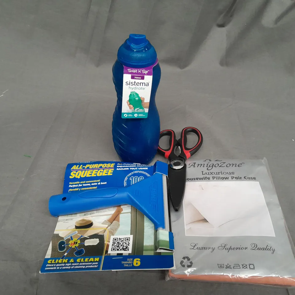 APPROXIMATELY 20 ASSORTED PRODUCTS TO INCLUDE WATER BOTTLE, SQUEEGEE, PILLOW CASES, KITCHEN SCISSORS