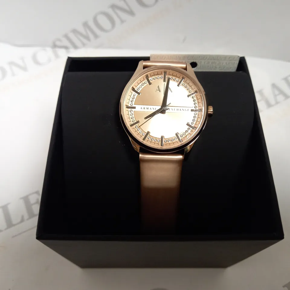 BOXED ARMANI EXCHANGE THREE HAND ROSE GOLD LEATHER STRAP WOMANS WATCH