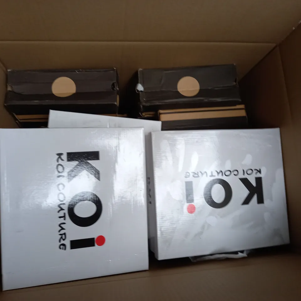 A BOX OF MULTIPLE SHOES. APPROX 15. 3 INCLUDED ARE BROWN HEELS, WHITE HIGH TOPS, AND NAVY SHOES