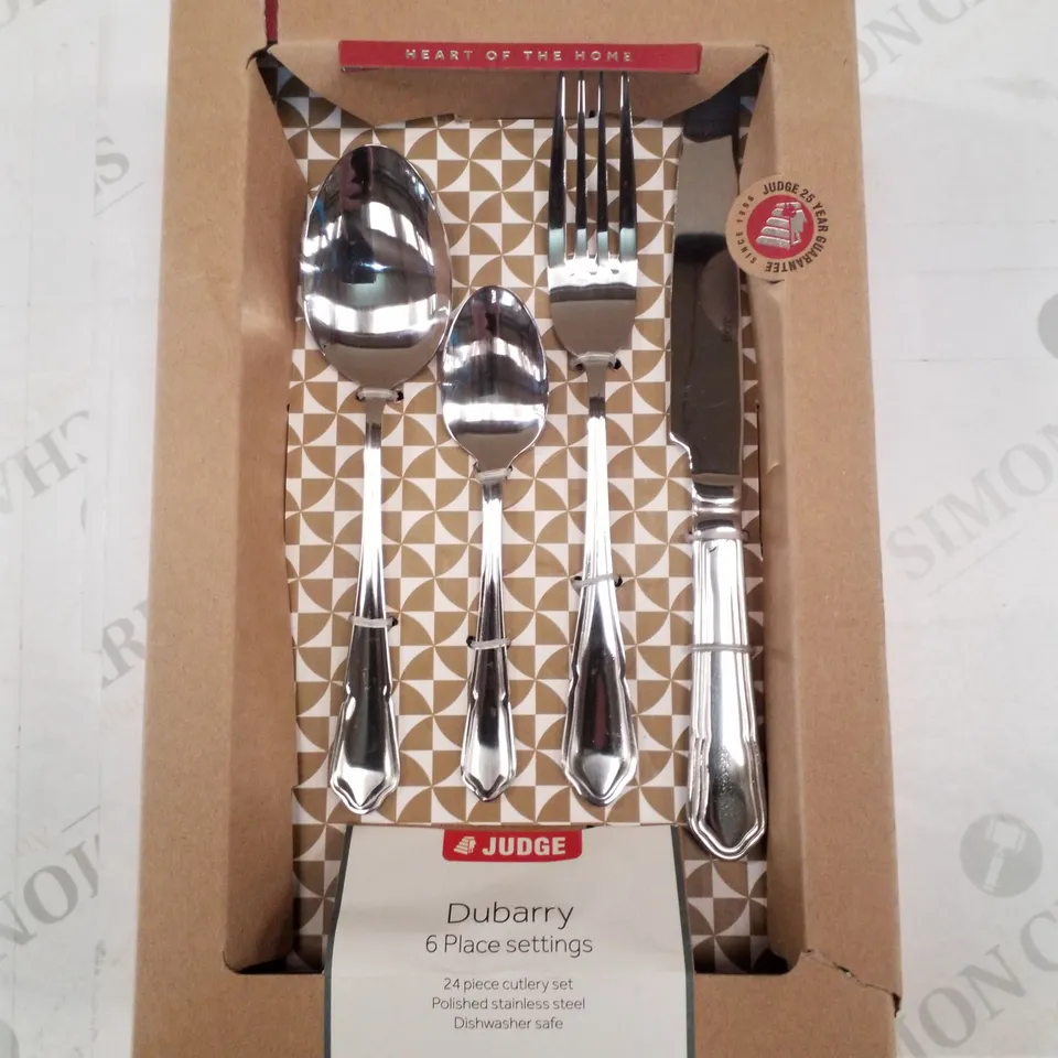 BOXED JUDGE 24 PIECE STAINLESS STEEL CUTLERY SET, DUBARRY PATTERN, TABLE SETTING FOR 6