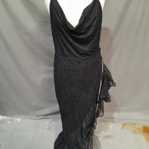 CLUB LONDON LADYSHIP LACE ASYMMETRIC RUFFLED MAXI DRESS IN BLACK SIZE 12