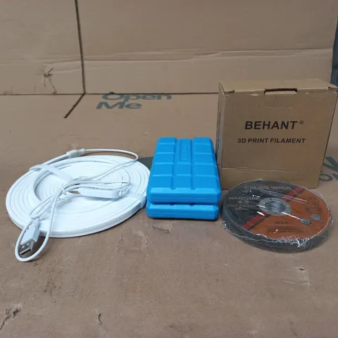 TOTE OF APPROXIMATELY 15 ASSORTED ITEMS TO INCLUDE BLUE ICE BLOCKS, BEHANT 3D PRINT FILAMENTS, CUT OFF WHELL STAINLESS STEEL INOX ETC