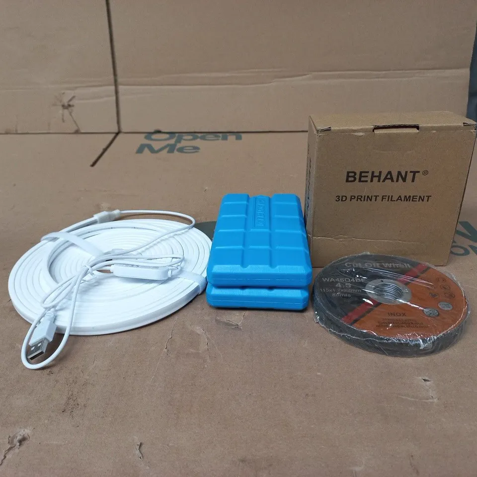TOTE OF APPROXIMATELY 15 ASSORTED ITEMS TO INCLUDE BLUE ICE BLOCKS, BEHANT 3D PRINT FILAMENTS, CUT OFF WHELL STAINLESS STEEL INOX ETC