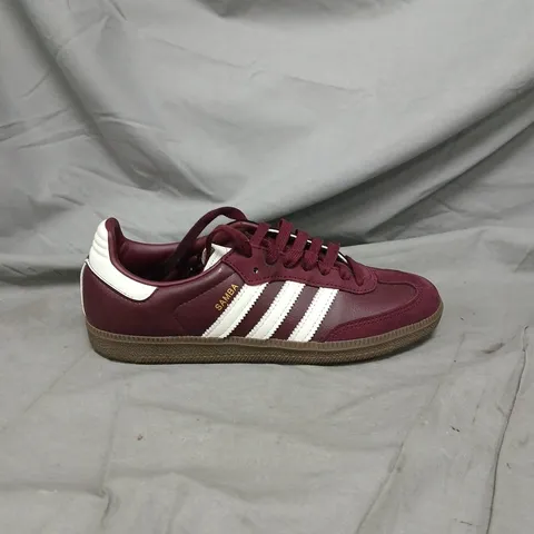 UNBOXED PAIR OF ADIDAS SAMBA BURGUNDY SUEDE TRAINERS – WHITE STRIPES - SIZE 5.5