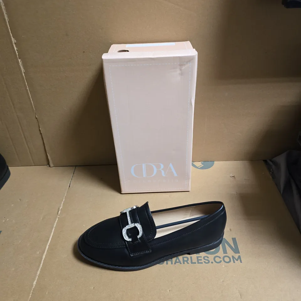 BOXED CINDERELLA BLACK LEATHER LOAFERS WITH CRYSTAL BUCKLE – EUR SIZE 38