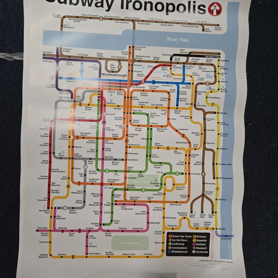 THREE ASSORTED MIDDLESBROUGH IRONOPOLIS SIGNED POSTERS BY SEAN SIMS (AFTER MASSIMO VIGNELLI)