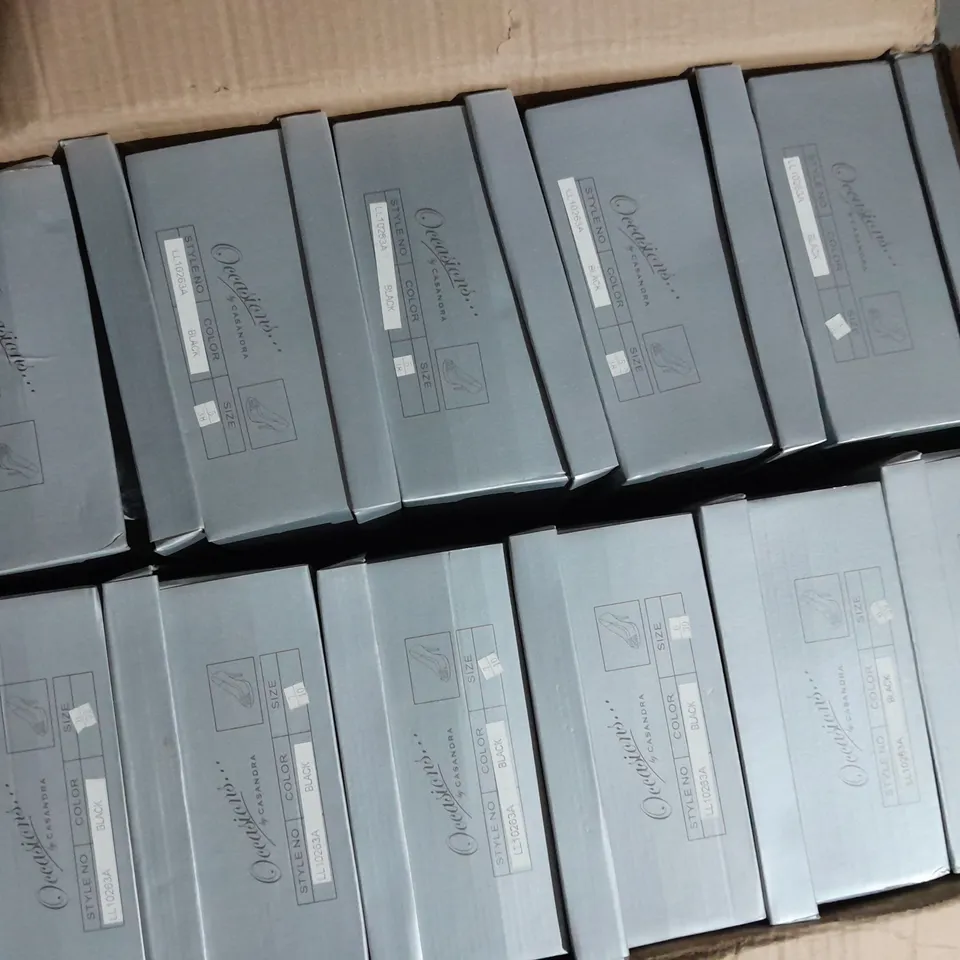 APPROXIMATELY 12 BOXED PAIR OF CASANDRA HEELED OPEN TOE SHOES IN BLACK VARIOUS SIZES TO INCLUDE SIZE 6