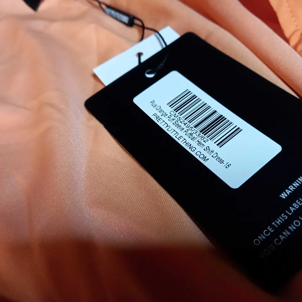 PRETTYLITTLETHING ORANGE PUFF SLEEVE PUFFBALL HEM SHIFT DRESS - SIZE 18