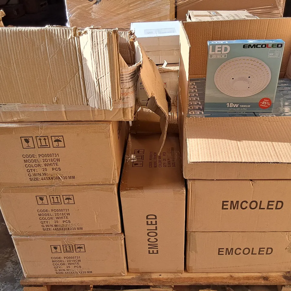 PALLET CONTAINING 13 MULTIPACK BOXES OF ASSORTED LIGHTING ITEMS TO INCLUDE EMCOLED 18W CIRCULAR LIGHTS, GLS FILAMENT BULBS AND LED CABINET LIGHTS