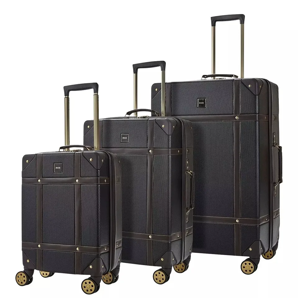 ROCK LUGGAGE VINTAGE 8-WHEEL SUITCASES 3 PIECE SET - BLACK