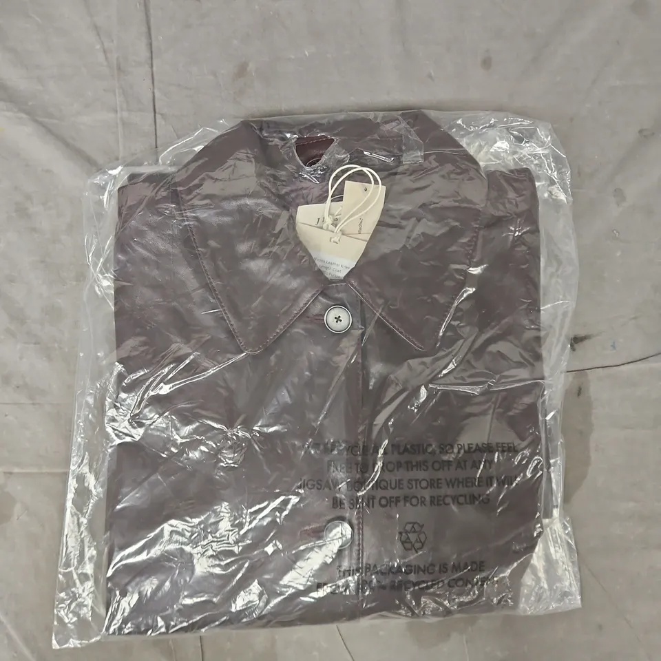 BAGGED JIGSAW NAPPA LEATHER KNEE-LENGTH COAT IN PURPLE SIZE 10