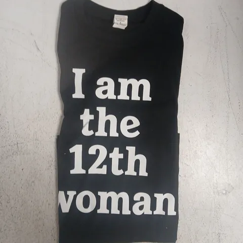 "I AM THE 12TH WOMAN" WOMENS SMALL T SHIRT IN BLACK FOOTBALL UEFA HEINEKEN