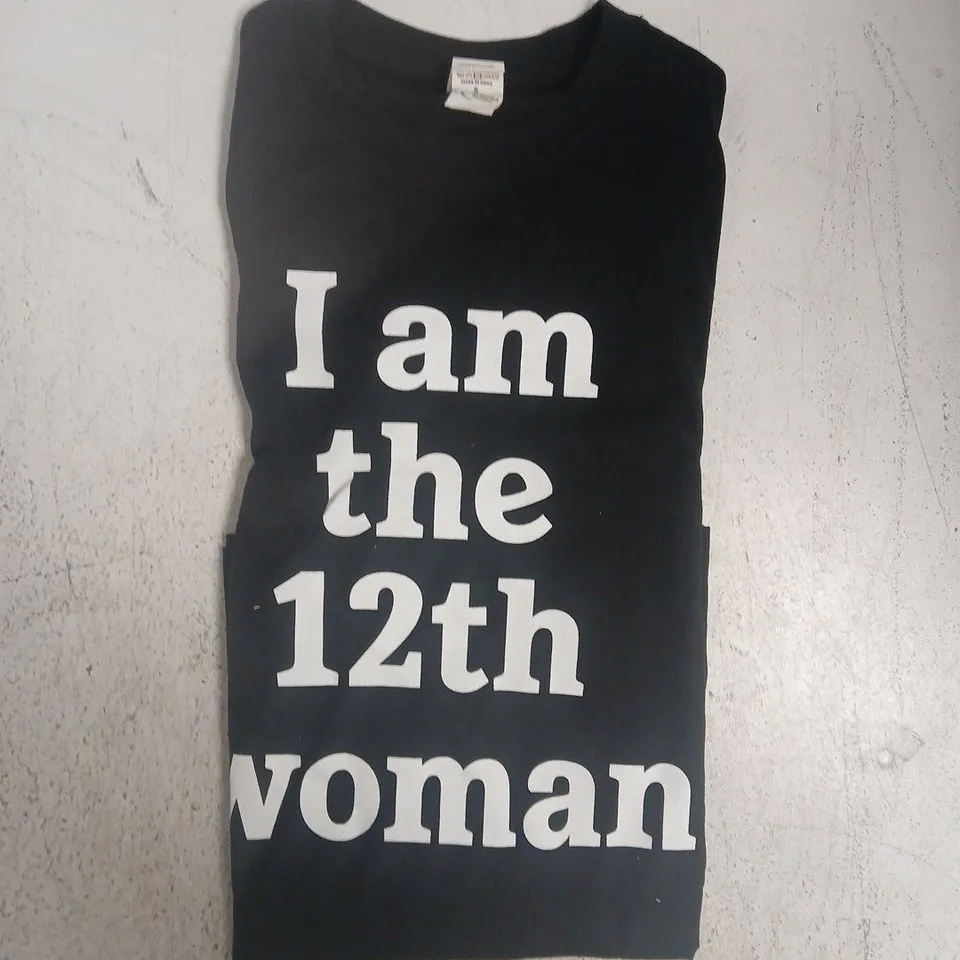 "I AM THE 12TH WOMAN" WOMENS SMALL T SHIRT IN BLACK FOOTBALL UEFA HEINEKEN