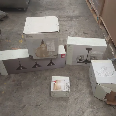PALLET CONTAINING A VERY LARGE QUANTITY OF ASSORTED DESIGNER LIGHTING PRODUCTS INCLUDING: AMBER WEAVE PENDANT, ERIN SEMI FLUSH CEILING FITTING, KRUZE WALL LIGHT, PERRY BAR CEILING LIGHT ECT