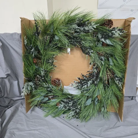 BOXED PRE LIT CHRISTMAS WREATH WITH GREEN BERRIES AND PINECONES - 90 CM