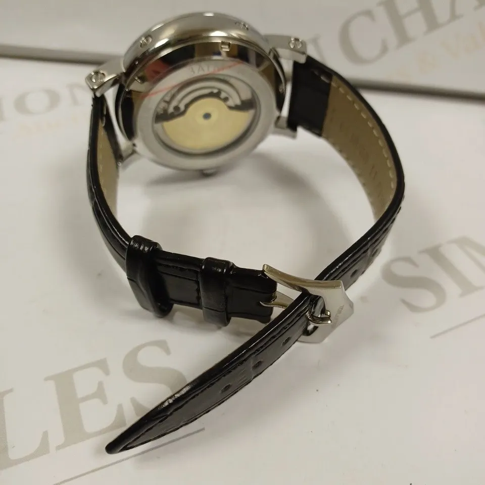 MENS VONLANTHEN AUTOMATIC WATCH – DATE YEAR SUB DIAL COMPLICATIONS – OPEN HEART MOVEMENT – GLASS EXHIBITION BACKCASE – BLACK LEATHER STRAP