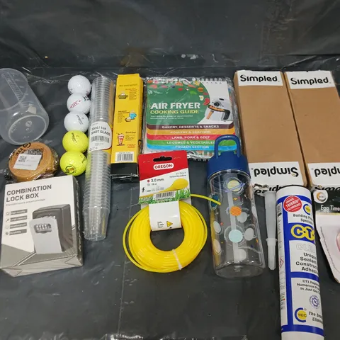 BOX OF APPROXIMATELY 8 ASSORTED ITEMS TO INCLUDE - COMBINATION LOCK BOX, GOLFBALLS, AND AIR FRYER GUIDES ETC. 