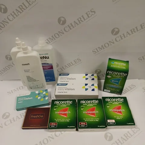 BOX OF APPROXIMATELY 30 ASSORTED HEALTH & EYECARE PRODUCTS TO INCLUDE NICORETTE GUM, CONTACT LENSES, NICORETTE PATCHES ETC